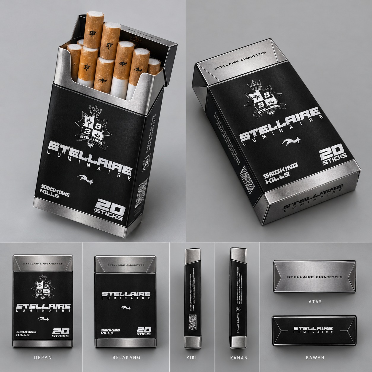 Cigarettes Stellaire Luminaire pack, matte black with metallic silver detailing